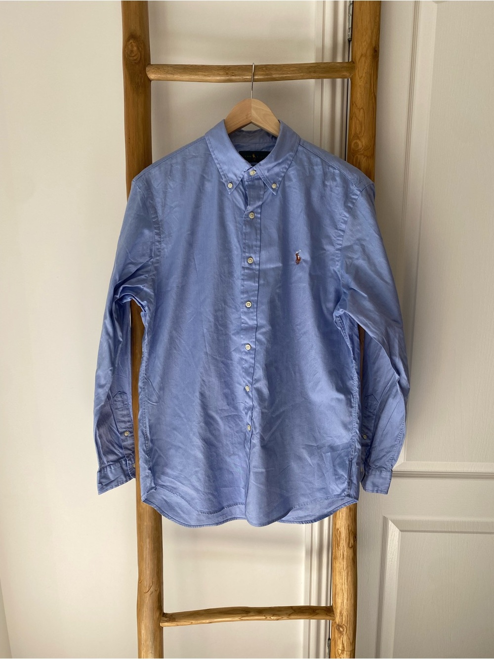 Ralph Lauren Slim Fit Oxford Shirt Men Large Blue Long Sleeve Button Brown Pony